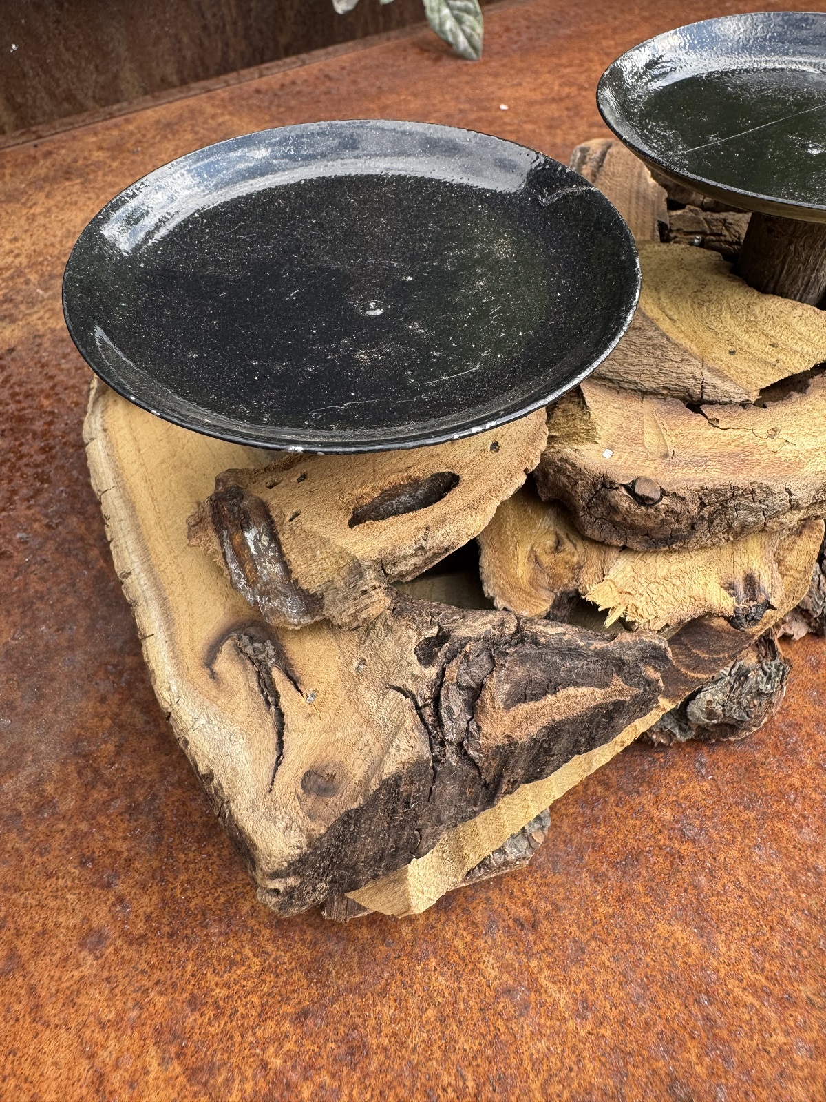 Holzkranz aus Naturholzstücken mit 4 Kerzentellern längliche Form - 40 cm