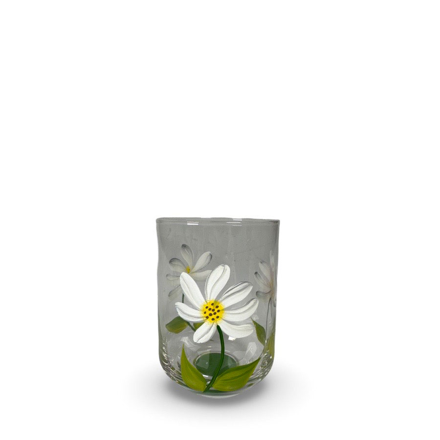 Trinkglas handbemalt mit weißen Blumen - Höhe 11 cm