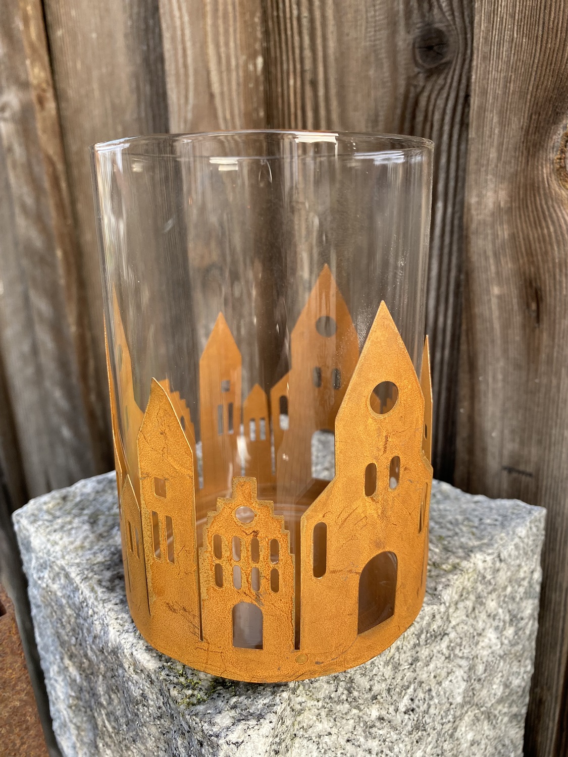 Rost Häuser groß mit Windlichtglas - Höhe 13,5 cm