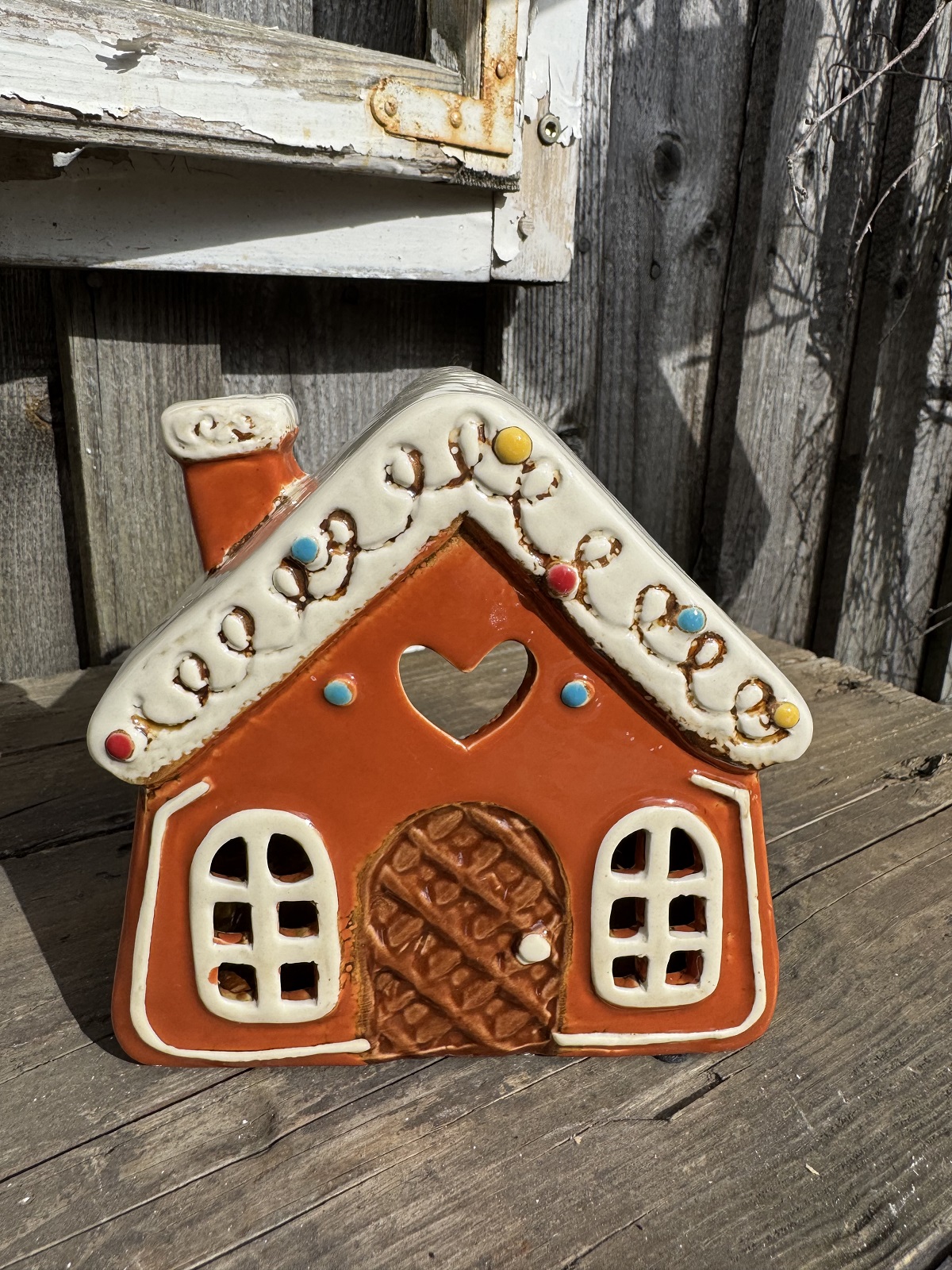 Keramik Lichthaus Lebkuchenhäuschen orangebraun mit Herz - Höhe 14,5 cm