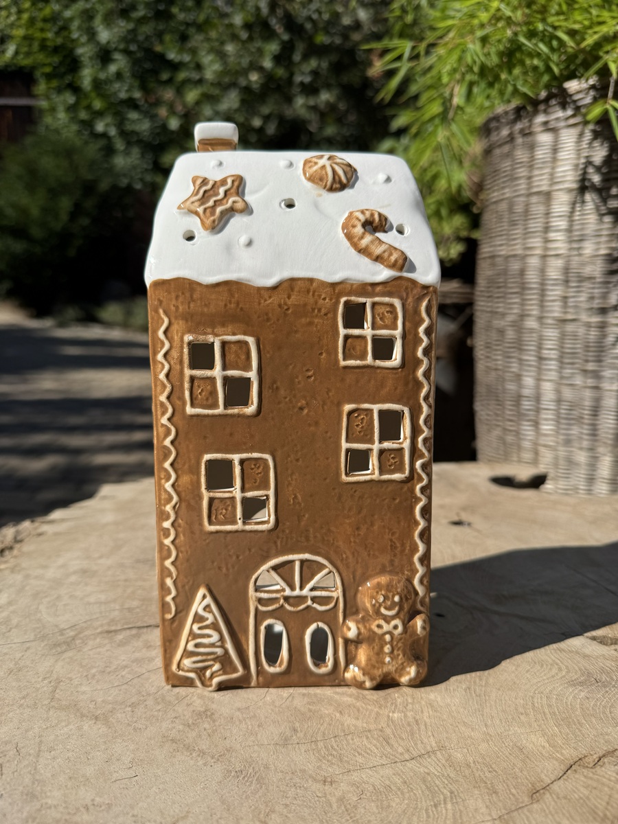 Keramik Windlicht Lebkuchen Haus eckig - Höhe 24 cm