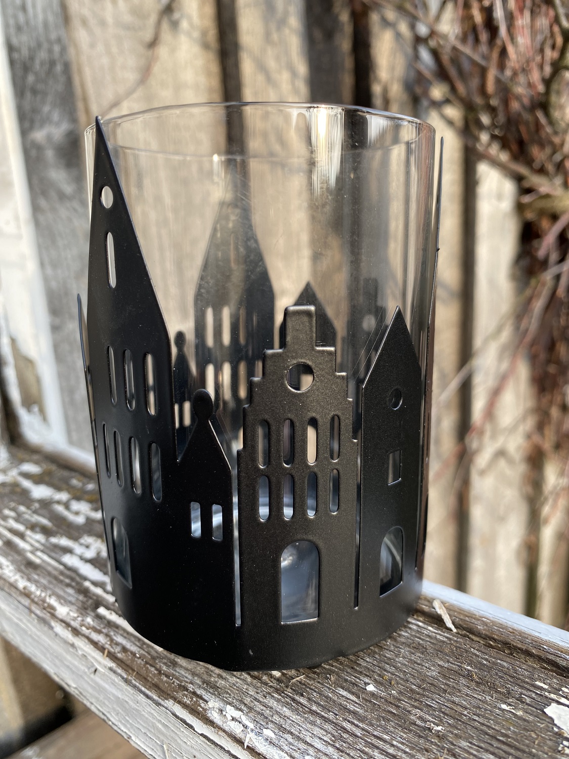 Metall Häuser schwarz klein mit Windlichtglas - Höhe 11 cm