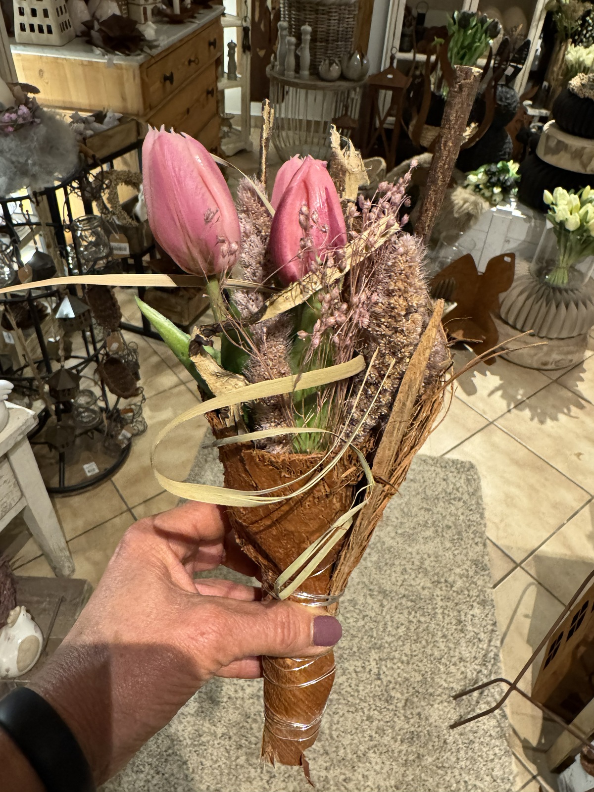 Trockenblumen Strauß mit Tulpen Rosafarben / Natur (3) - Höhe ca. 30 cm
