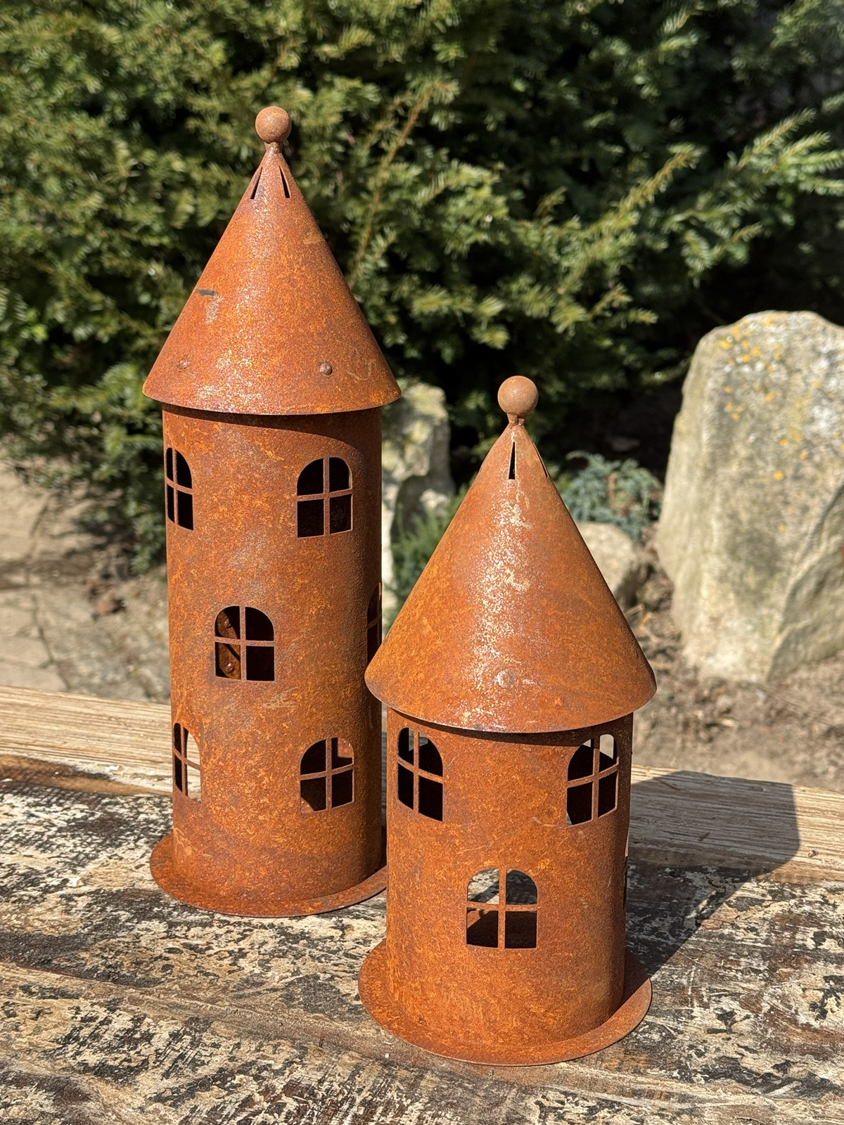 Edelrost Windlicht Mini Turm auf Bodenplatte - Höhe 25 cm