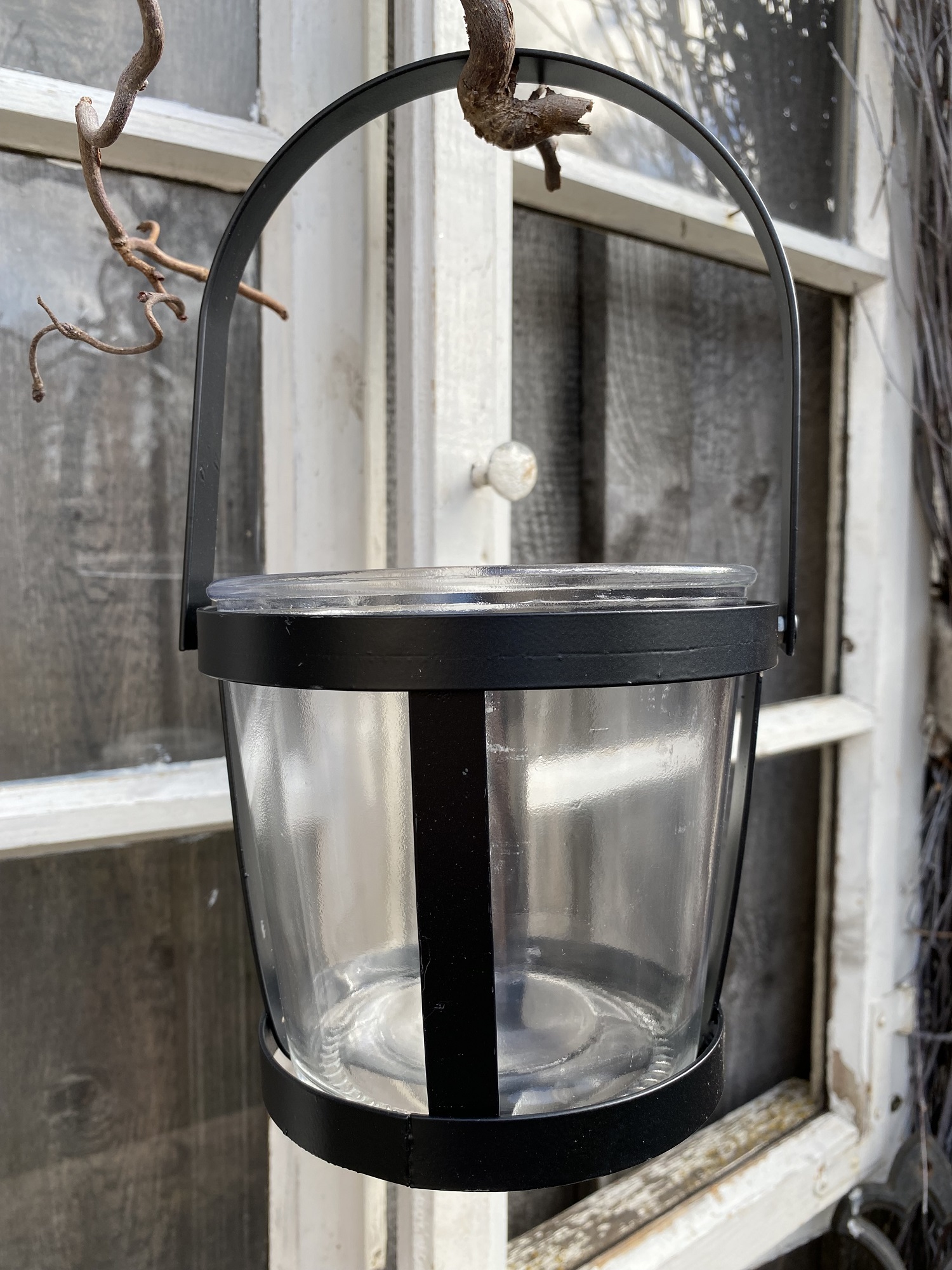 Metallkorb Windlicht schwarz mit Henkel und Glaseinsatz - Höhe 25 cm