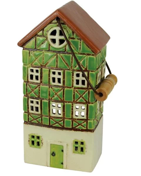 Keramik Windlicht Fachwerkhaus grün mit Henkel - Höhe 26,5 cm