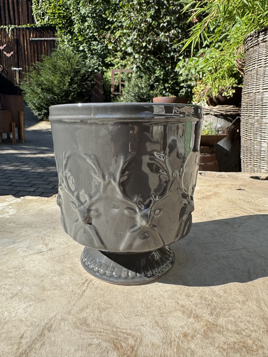 Keramik Pflanztopf mit Hirschmotiv Grau - Höhe 14 cm