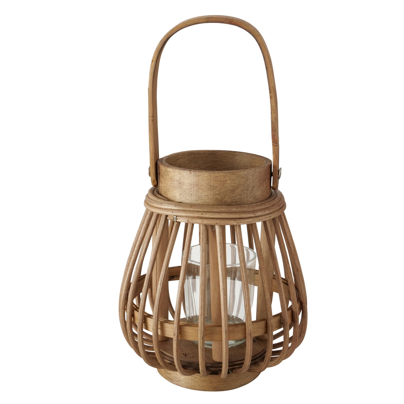 Bambus Windlicht braun mit Henkel und Glas - Höhe 18 cm ohne Henkel
