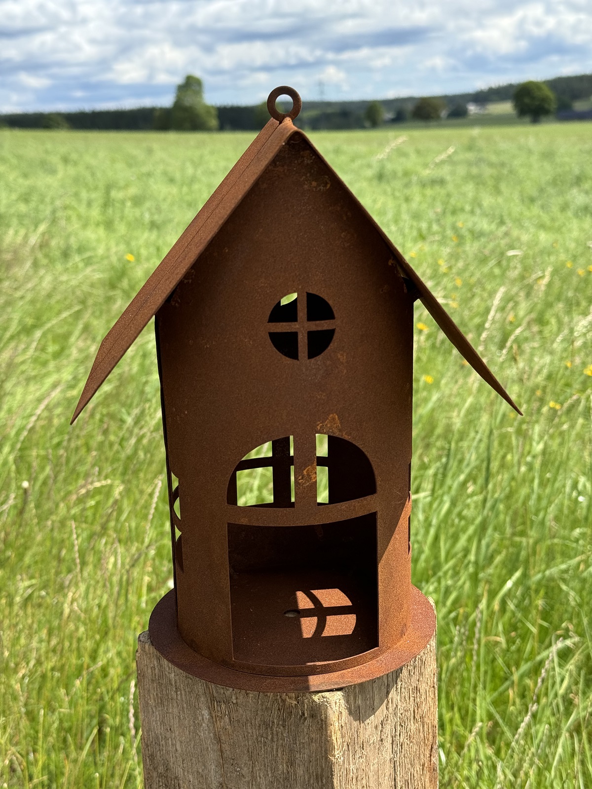 Edelrost Vogelhaus Turm runde Form mit Dach - Höhe 25 cm