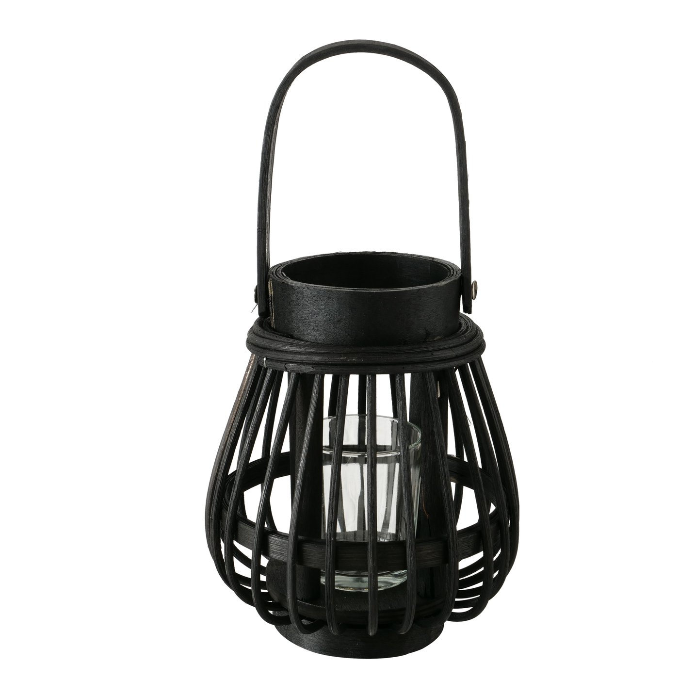 Bambus Windlicht schwarz mit Henkel und Glas - Höhe 18 cm ohne Henkel