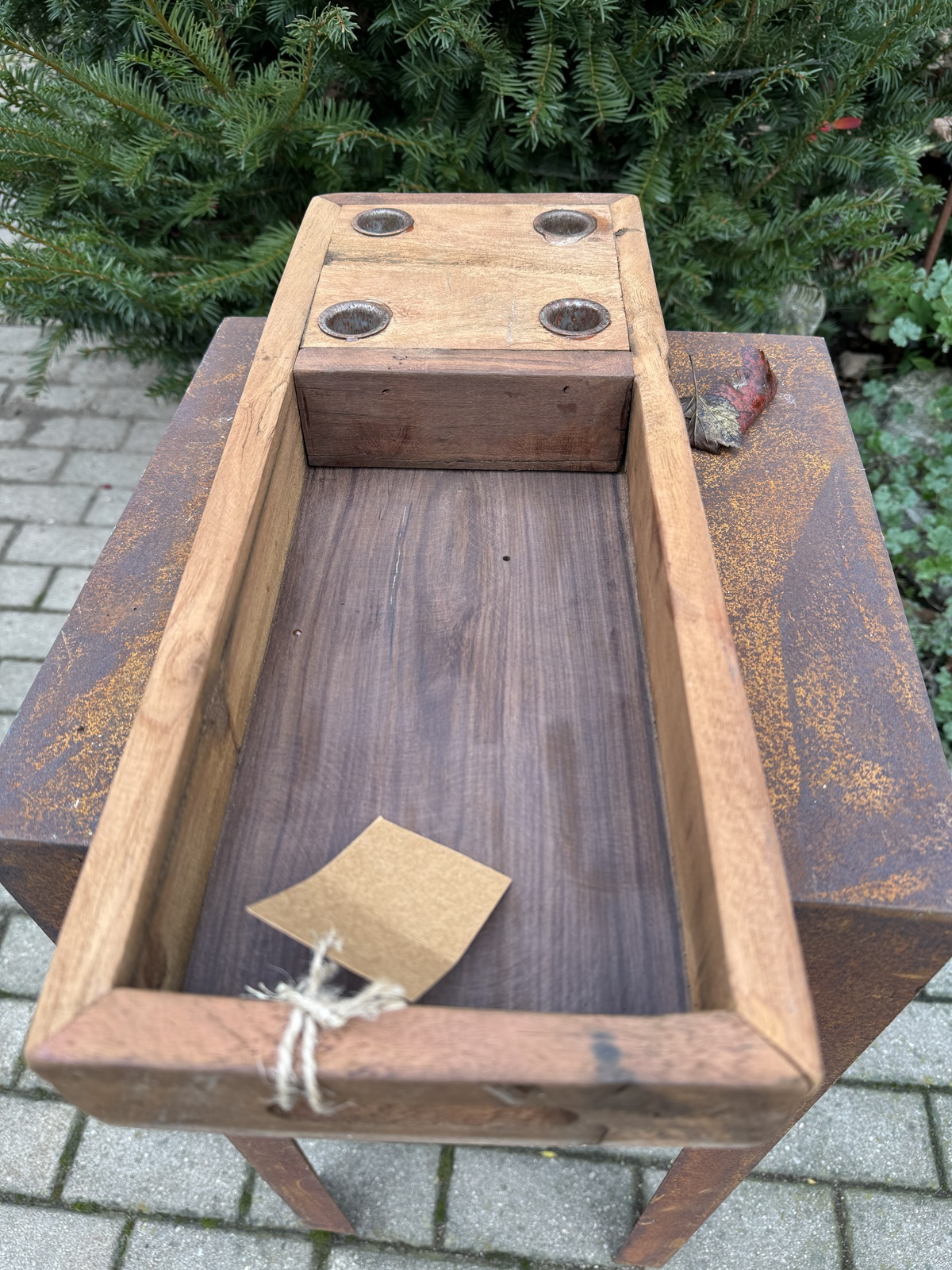 Altholz Kerzenbrett eckig für 4 Stabkerzen mit Schale - Länge ca. 46 cm