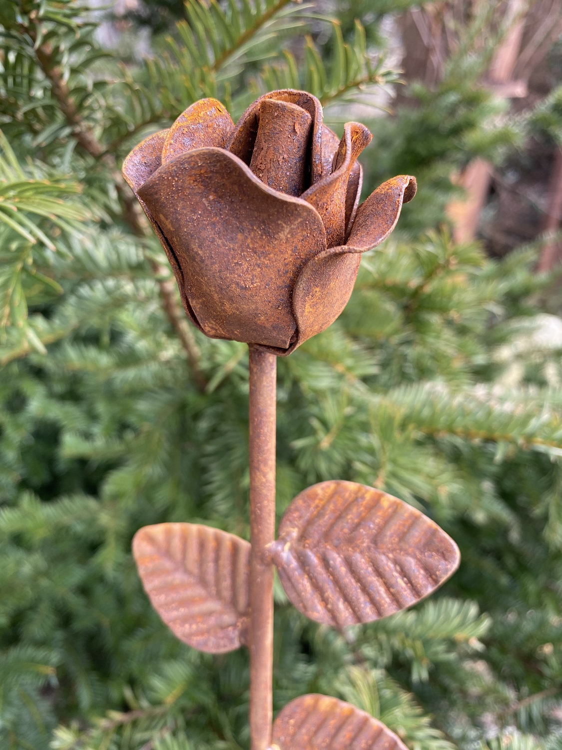 Edelrost Rose 3D Form mit Stiel und Blättern - Höhe 40 cm