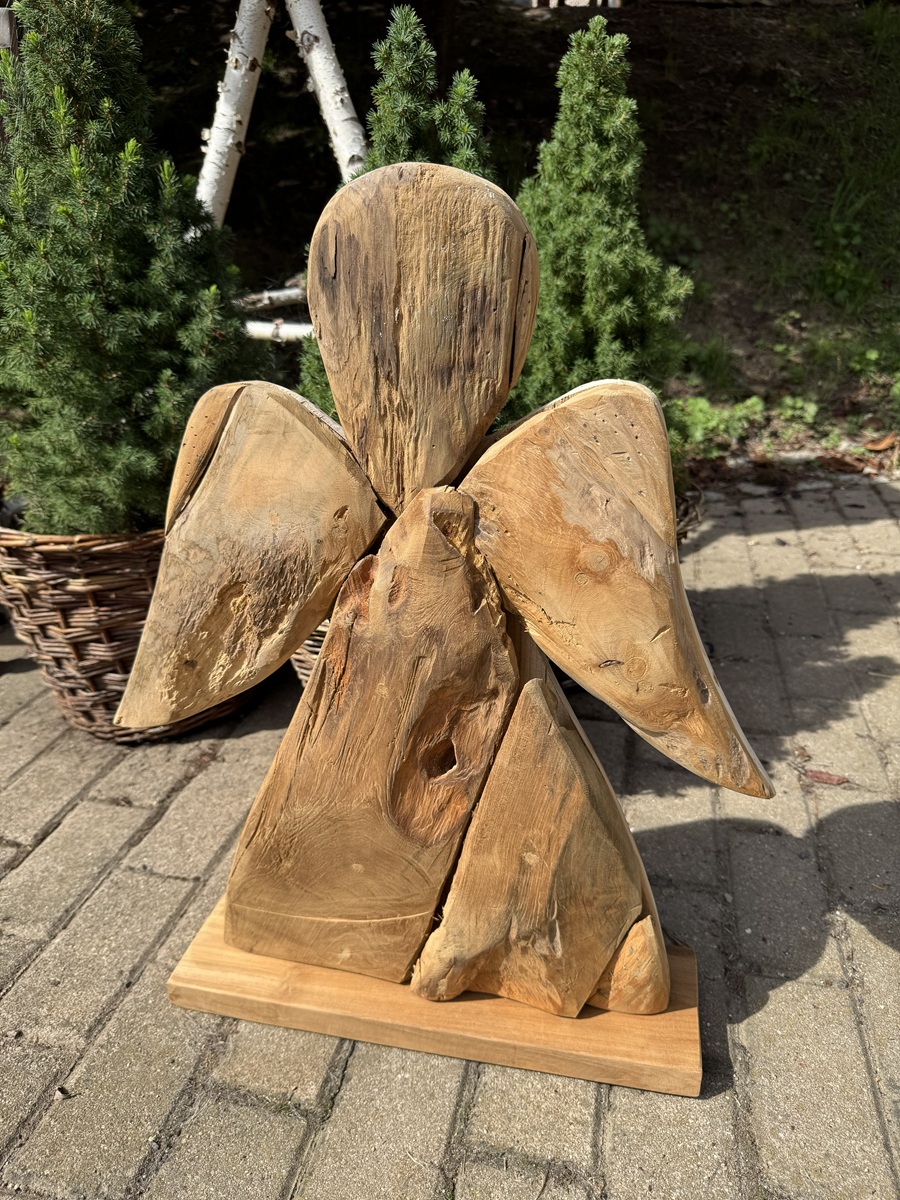 Teak Holz Engel mittel auf Bodenplatte - Höhe ca. 51 cm