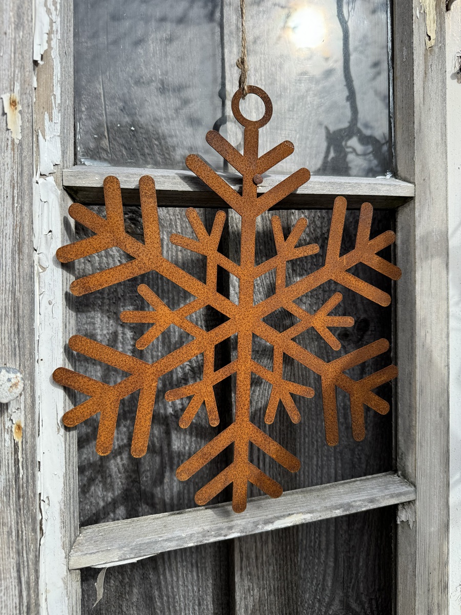Edelrost Schneeflocke groß (Modell 1) an Juteband – Ø 24,5 cm