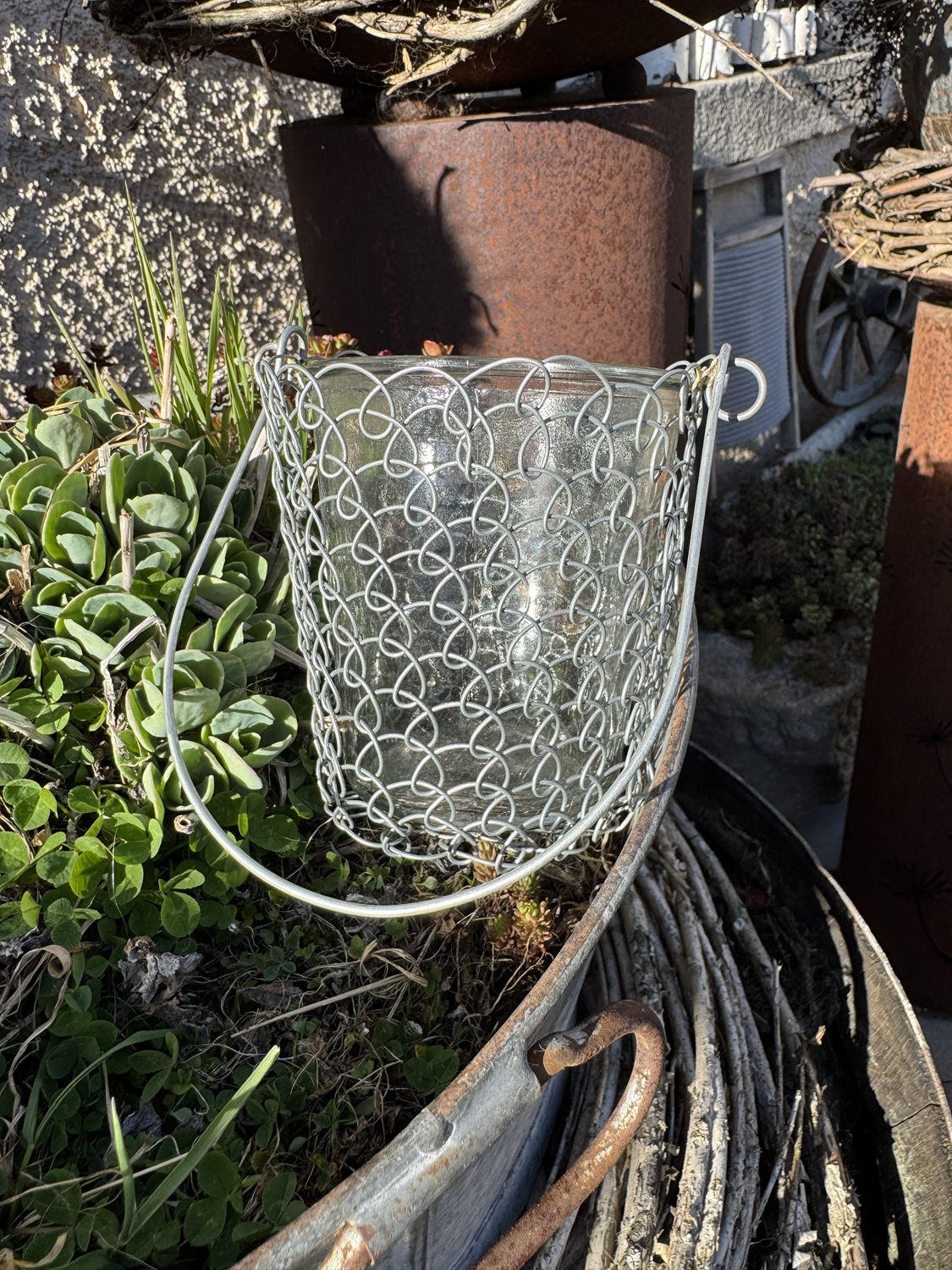 Drahtkorb silber mit Glas an Henkel - Höhe 12 cm + Henkel