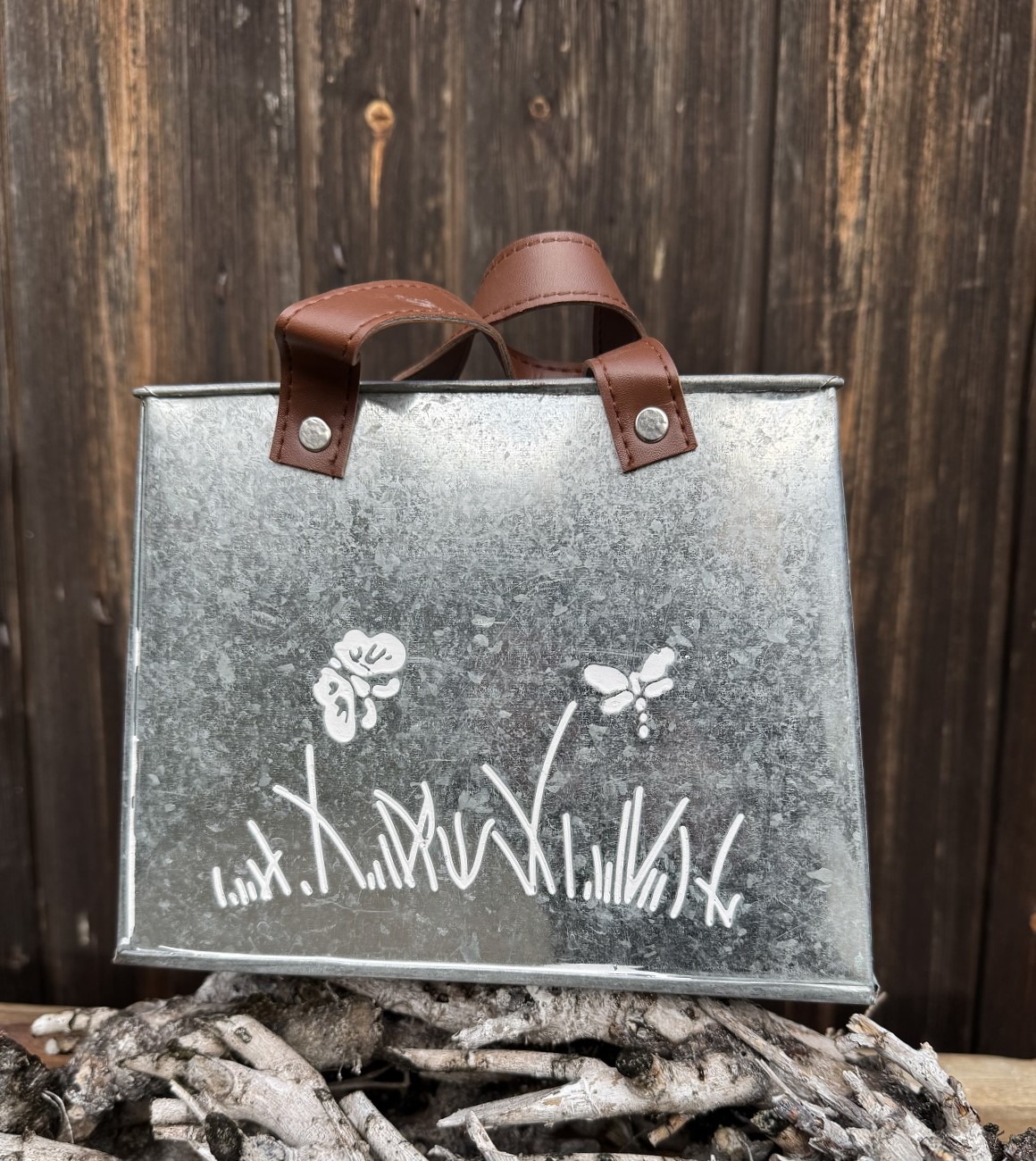 Zink Tasche mit Wiesenmotiv und Lederhenkel - Höhe 16,5 cm