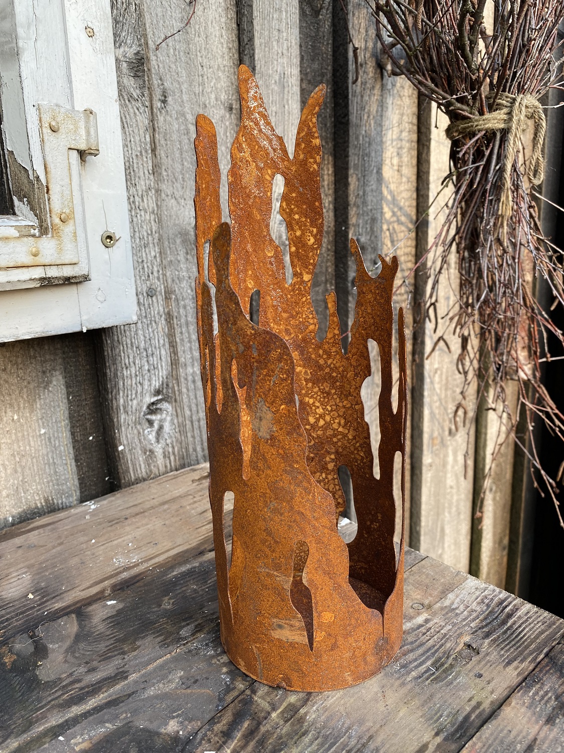 Edelrost Windlicht Fackel klein mit Bodenplatte - Höhe 30 cm