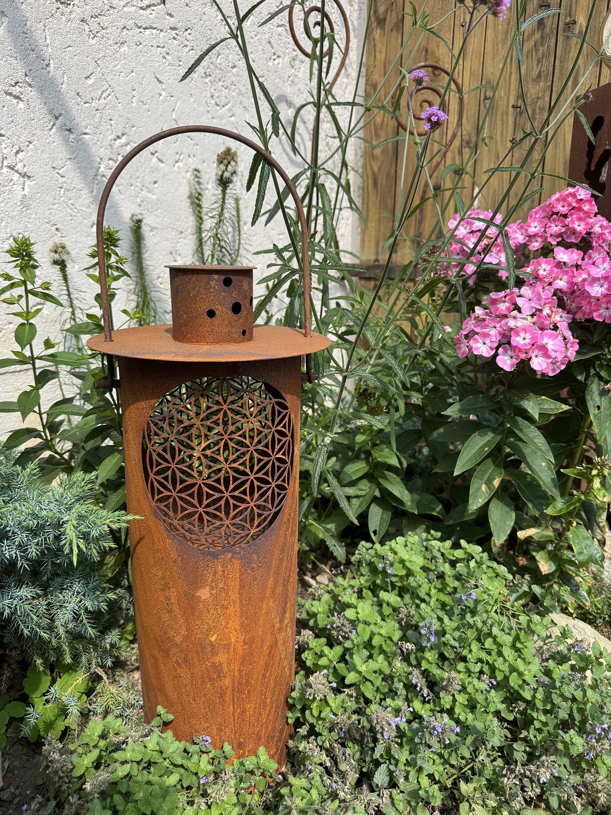 Edelrost Laterne groß zum Hängen mit Motiv Blume des Lebens - Höhe ohne Henkel ca. 58 cm