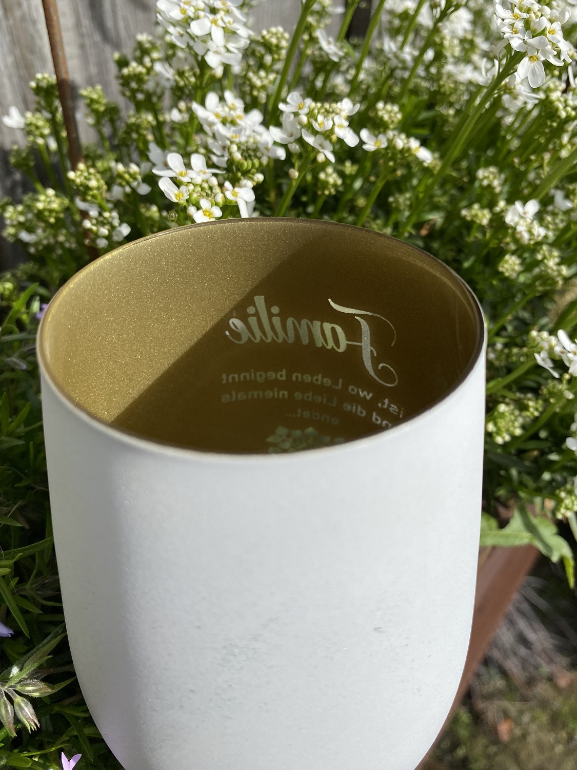 Gravur Windlicht Familie ist wie ein Baum weiß/gold - Höhe 12 cm