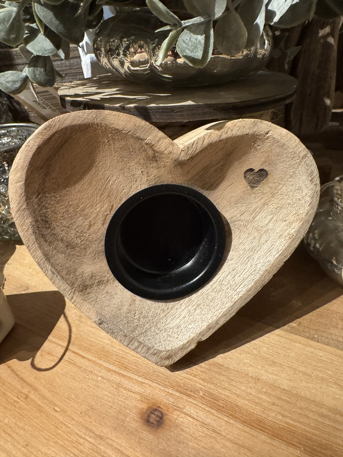 Holz Teelichthalter Herz naturbelassen - Durchmesser 12 cm