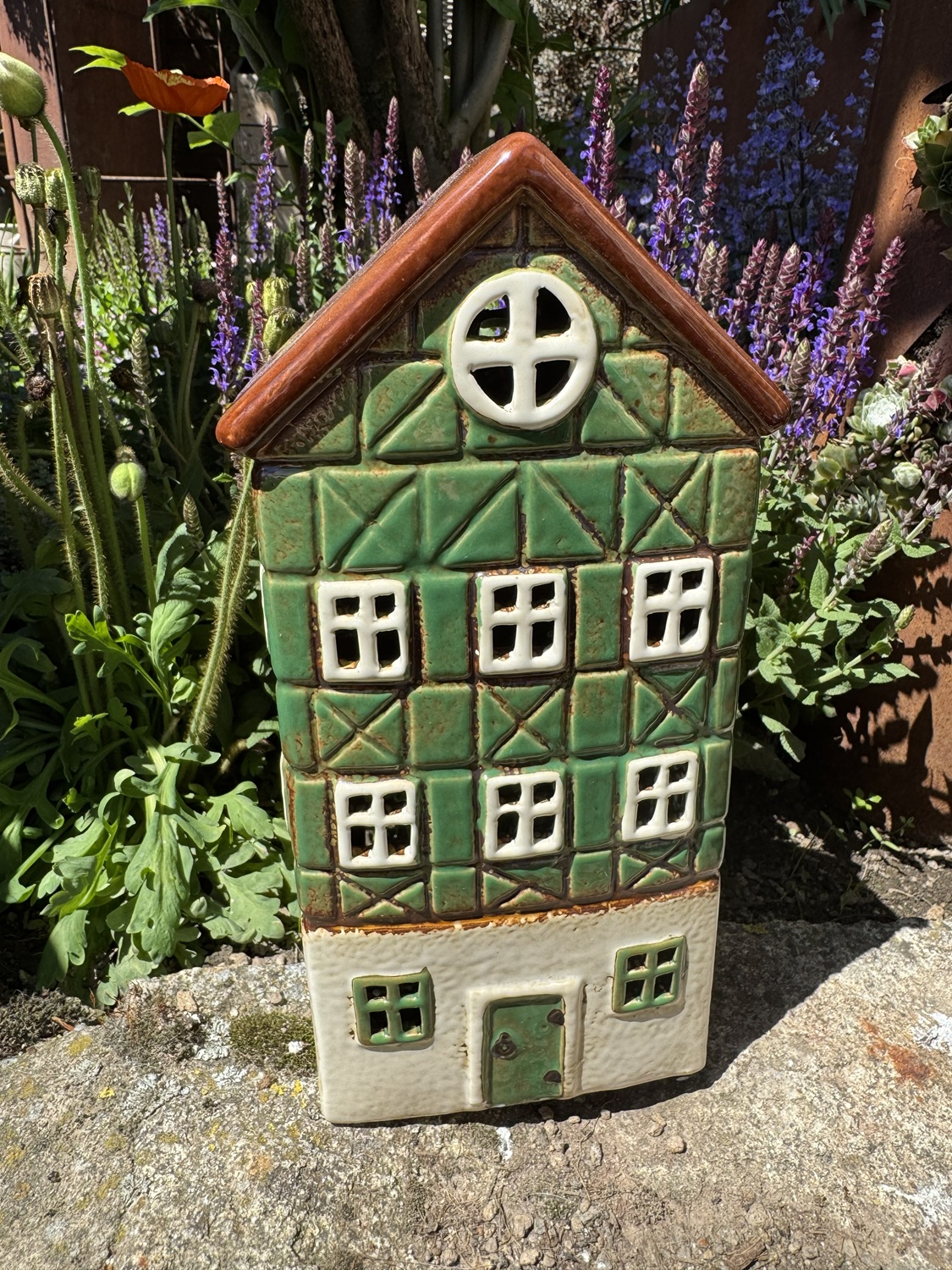 Keramik Windlicht Fachwerkhaus grün (Neue Form) - Höhe 26,5 cm