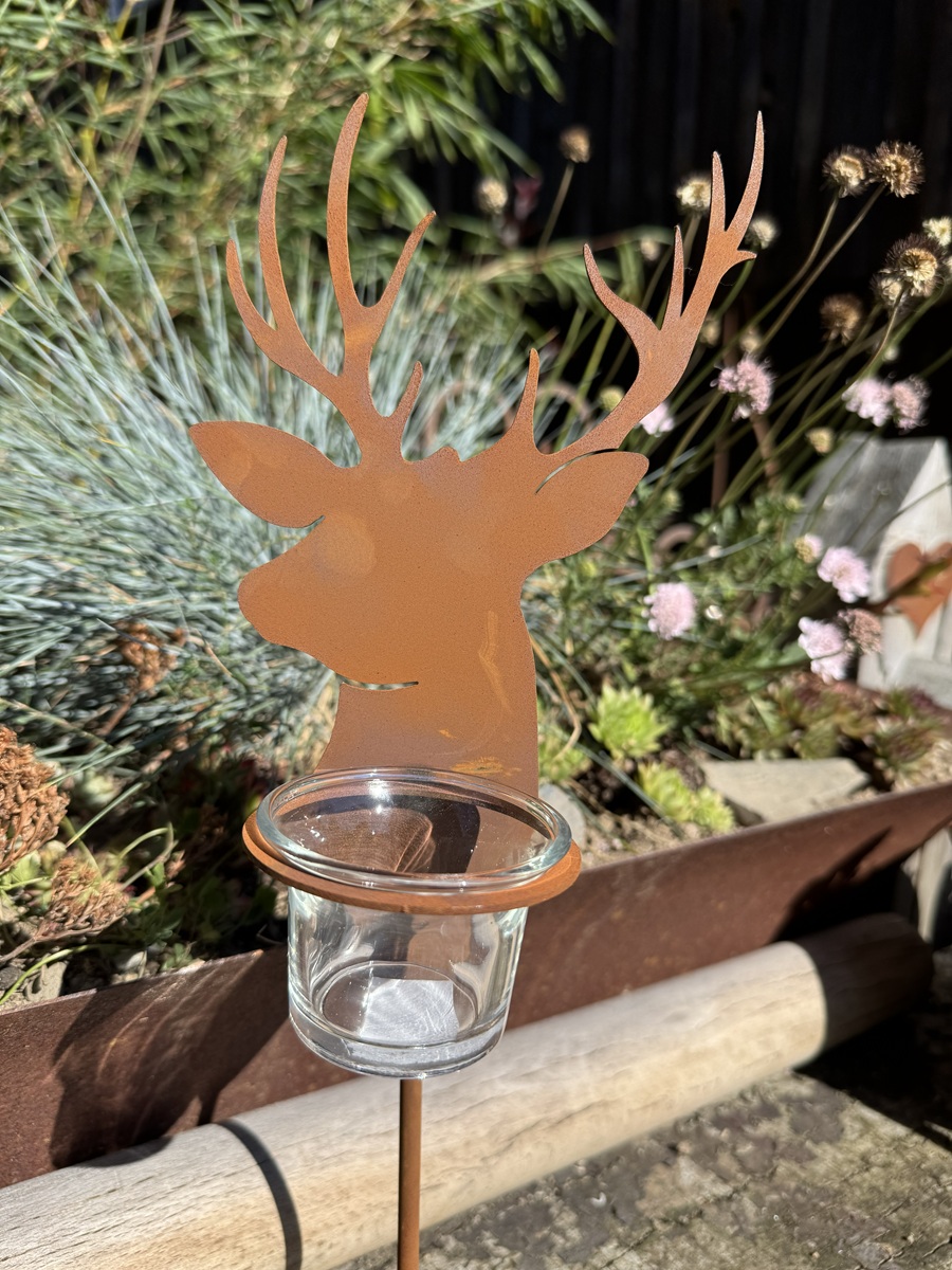 Edelrost Teelichthalter Hirschkopf mit Glas - Höhe 30 cm