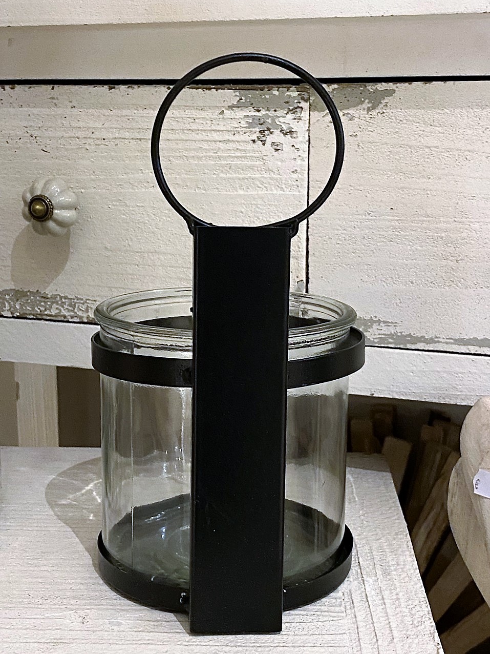 Glas Windlicht groß im Metallständer schwarz - Höhe 24 cm
