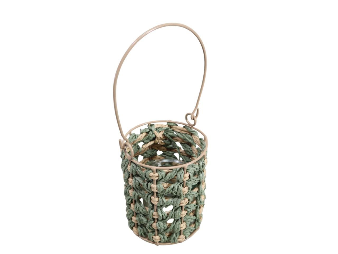 Seegras Windlicht klein grün/natur - Höhe ohne Henkel 14,5 cm