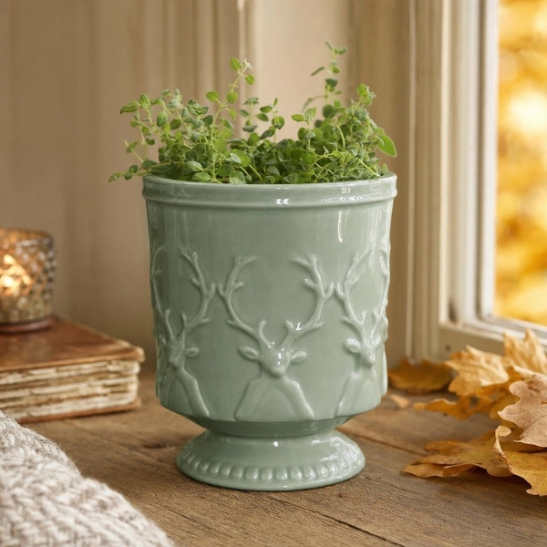 Keramik Pflanztopf mit Hirschmotiv Grün - Höhe 14 cm