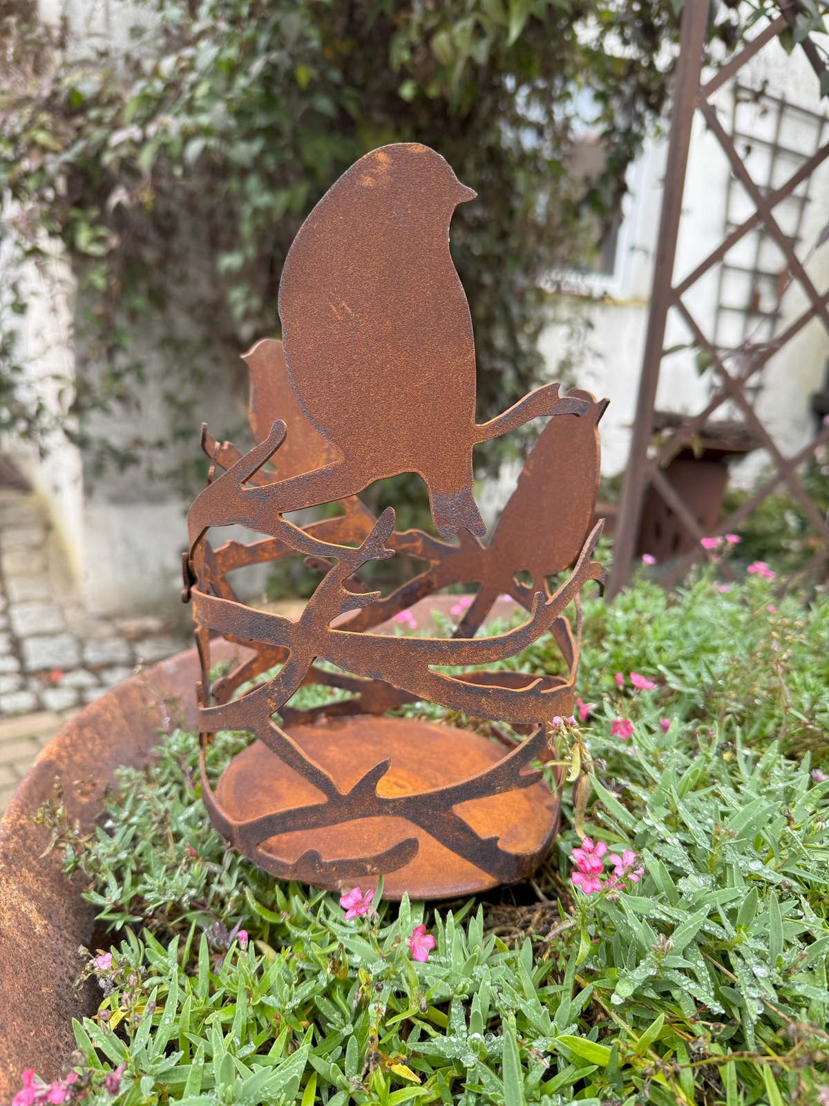 Edelrost Windlicht Vögel auf Ast mit Boden und Hülse - Höhe 25 cm