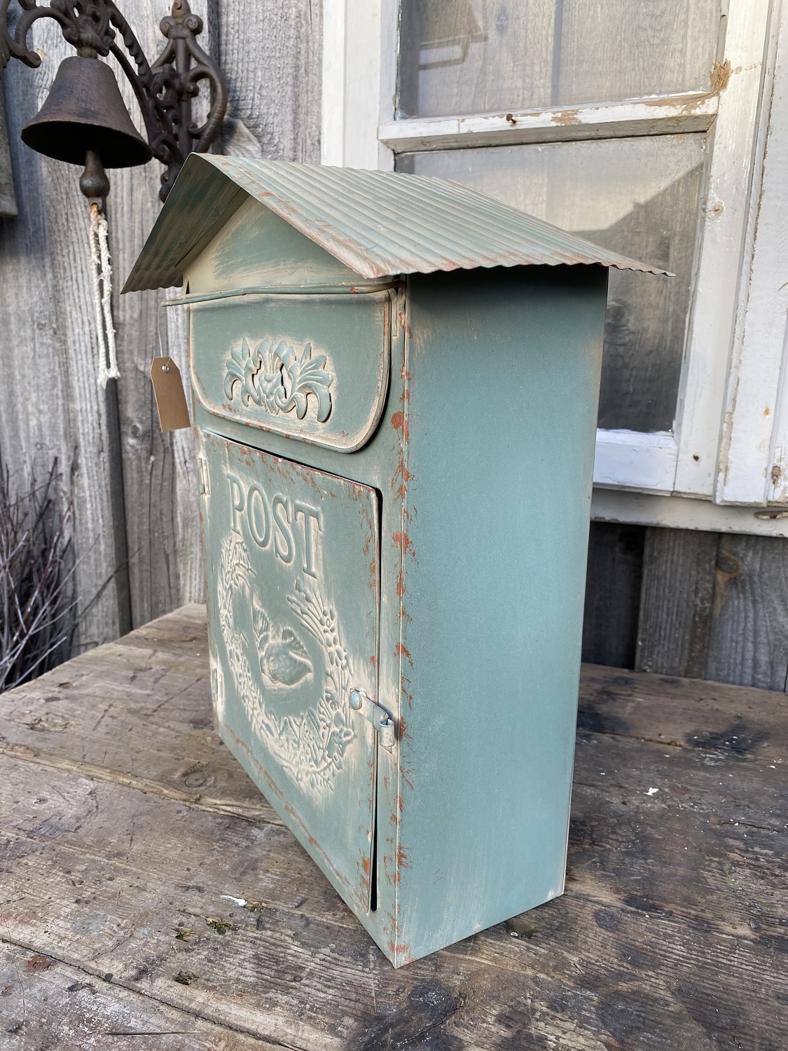 Eisenblech Postkasten antik blau lackiert - Höhe 40 cm