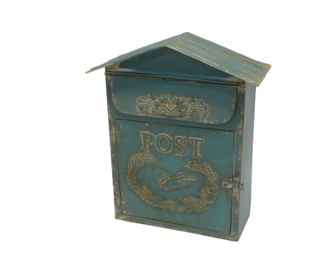 Eisenblech Postkasten antik blau lackiert - Höhe 40 cm
