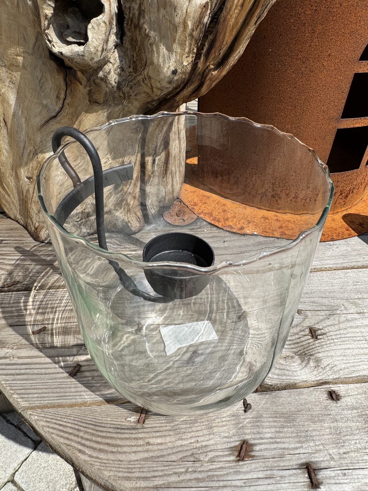 Glas Windlicht groß Rissoptik mit Teelichthalter schwarz - Höhe 15 cm