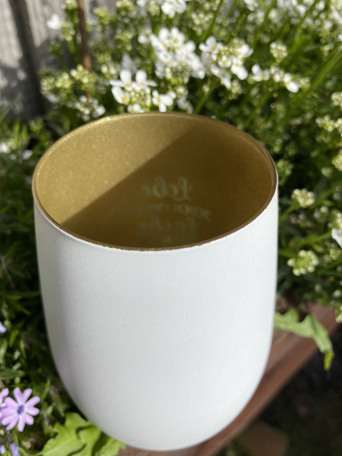 Gravur Windlicht Lebe jeden Moment weiß/gold - Höhe 12 cm