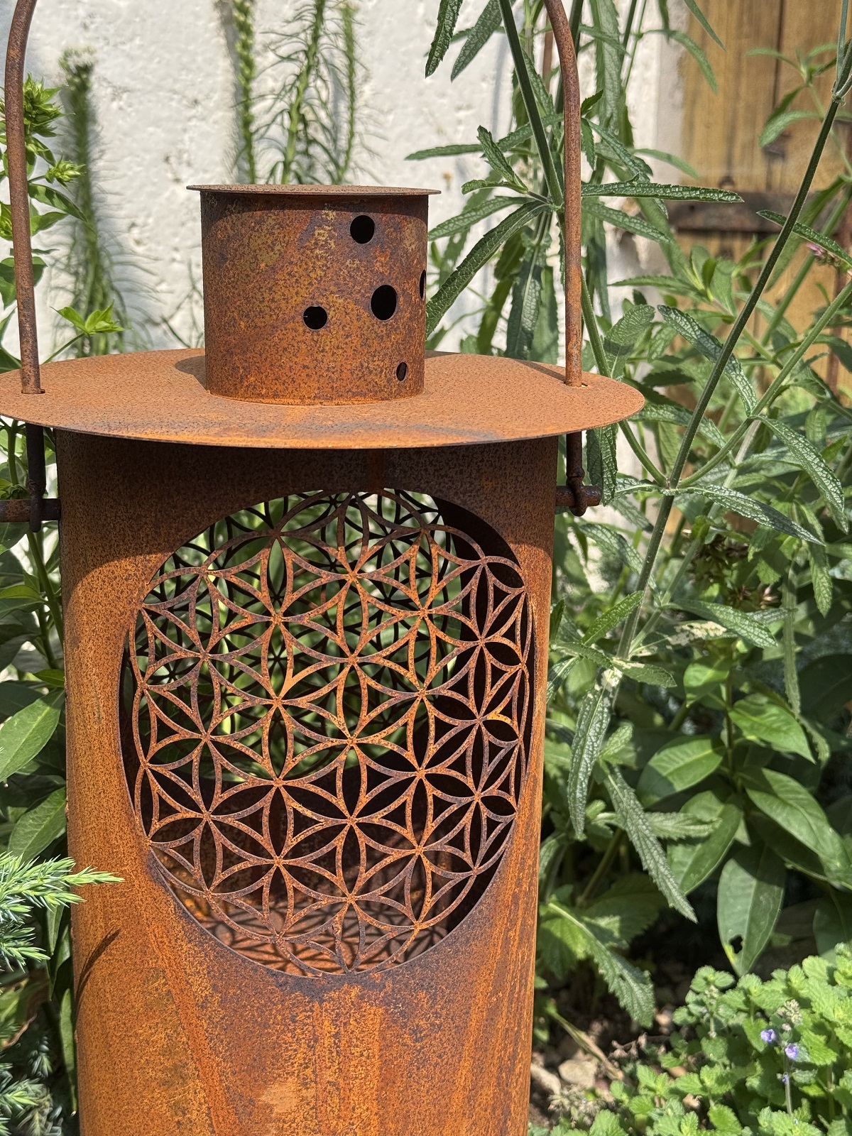 Edelrost Laterne groß zum Hängen mit Motiv Blume des Lebens - Höhe ohne Henkel ca. 58 cm