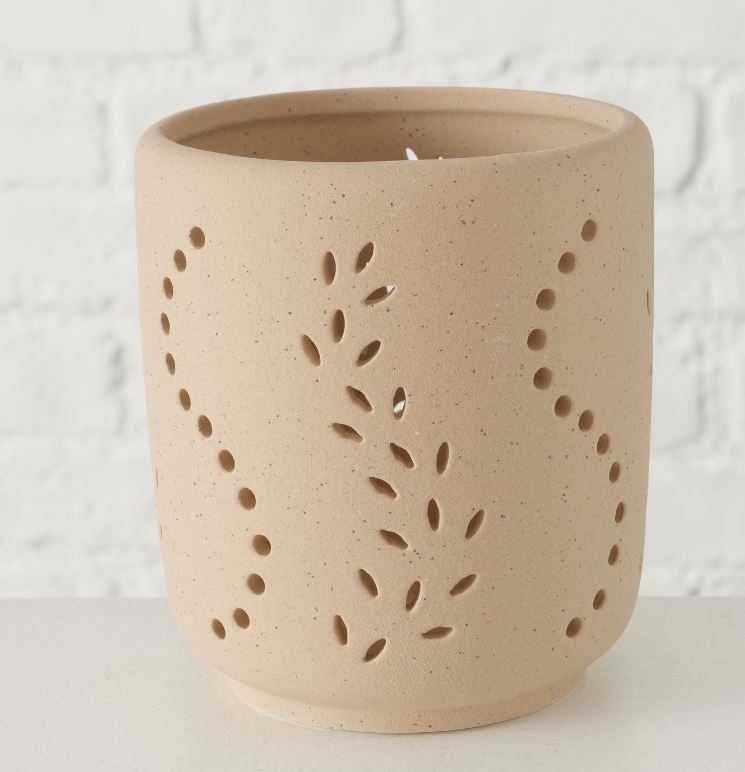 Keramik Windlicht Natur mit Muster beige - Höhe 12 cm