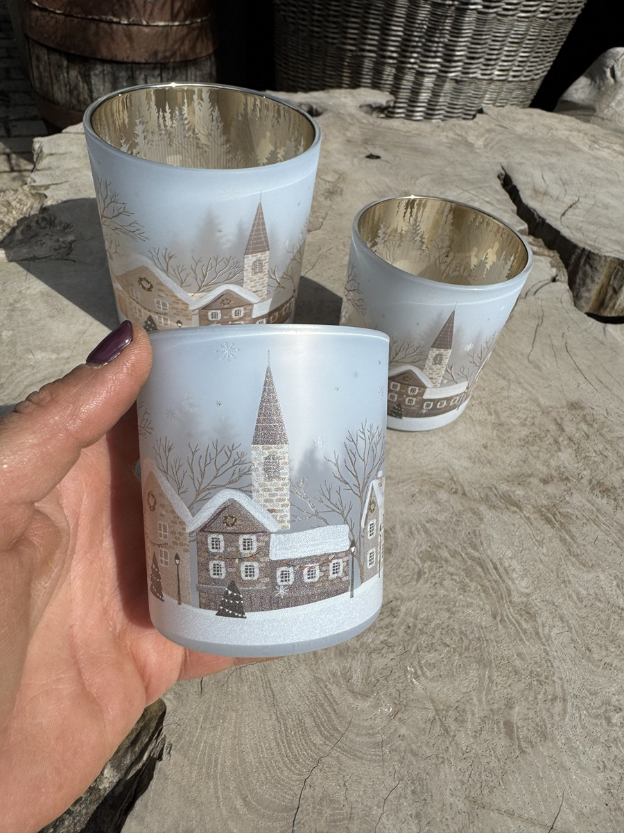 Glas Windlicht Winterlandschaft klein Naturtöne  - Durchmesser 8 cm