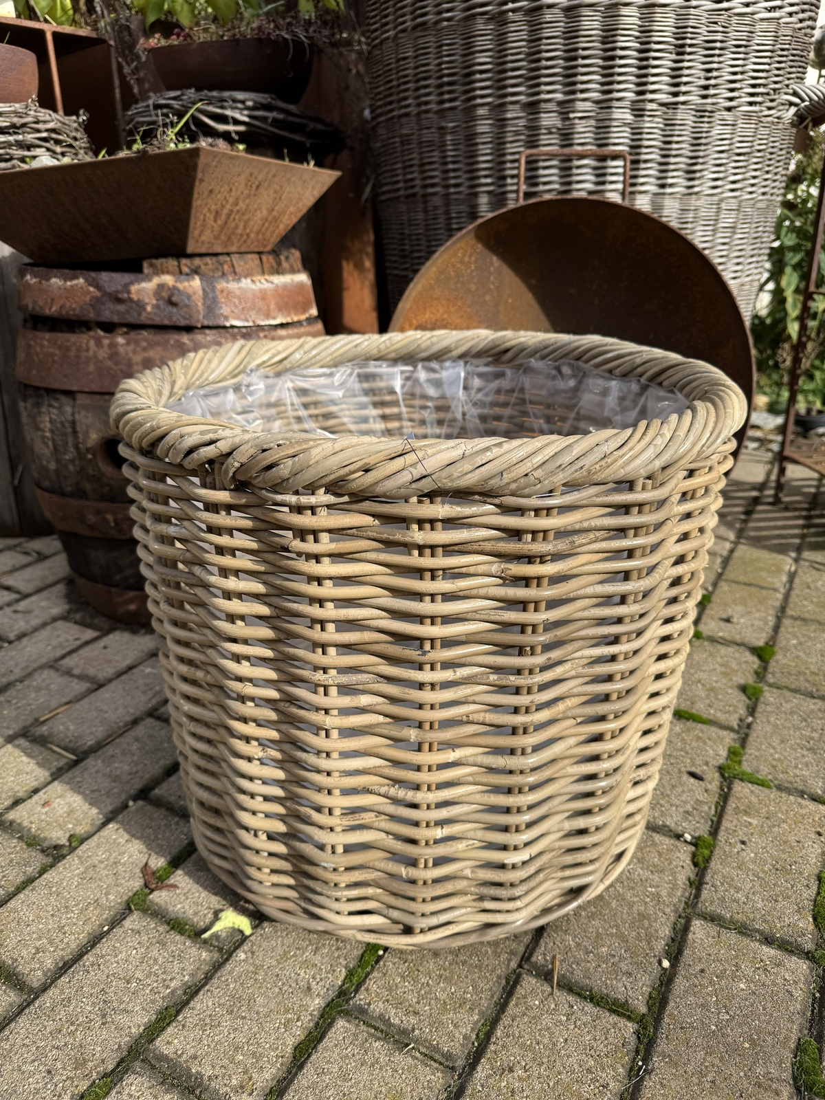Pflanz Korb rund Rattan Outdoor mit Folie