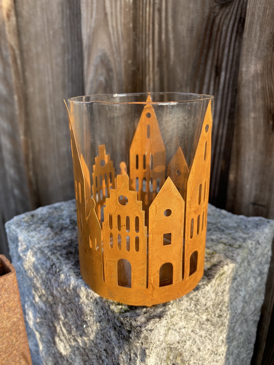 Rost Häuser klein mit Windlichtglas - Höhe 11 cm