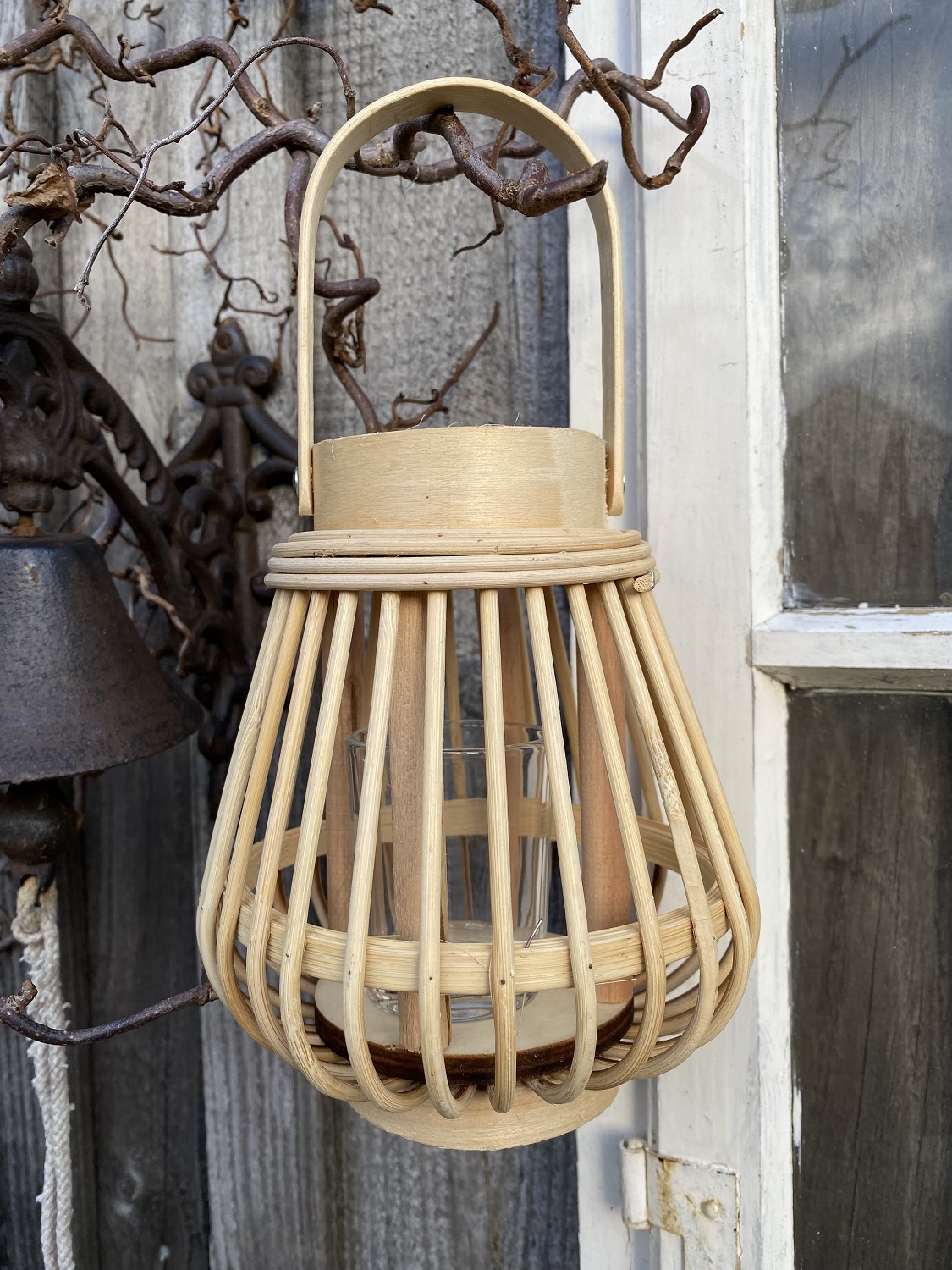 Bambus Windlicht naturfarben mit Henkel und Glas - Höhe 18 cm ohne Henkel