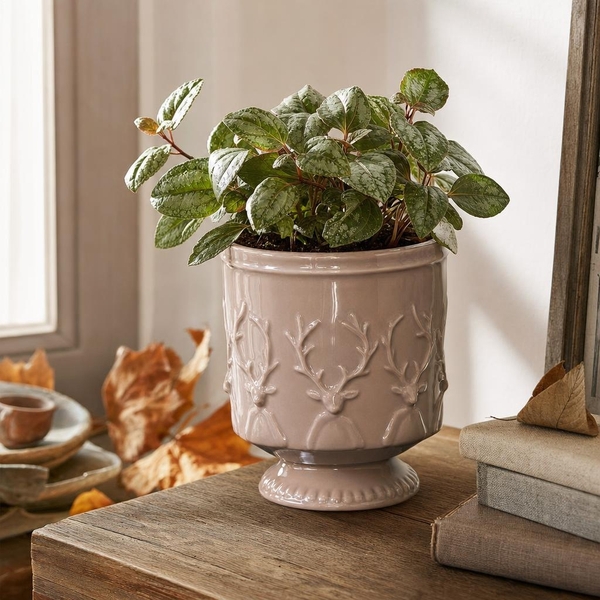 Keramik Pflanztopf mit Hirschmotiv Hellbraun - Höhe 14 cm