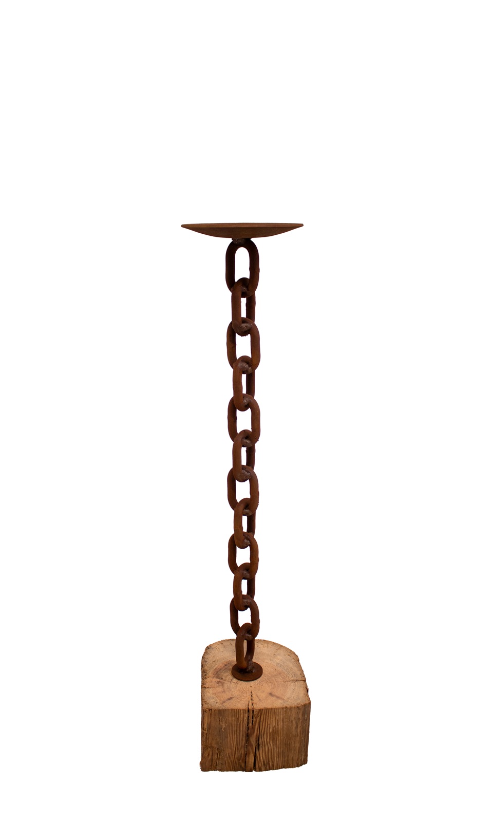 Edelrost Kerzenständer Rustikal mittel mit Gliederkette auf Holzbalken - Höhe 80 cm