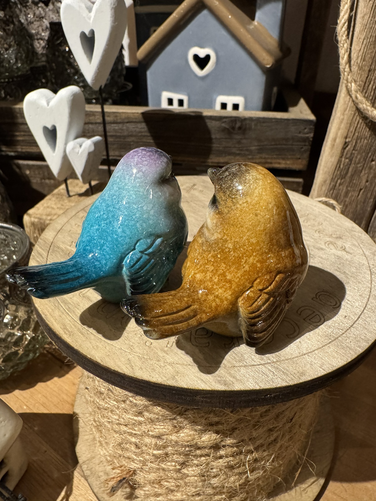 2tlg Keramik Vögel braun/blau Handbemalt - Höhe 6 cm