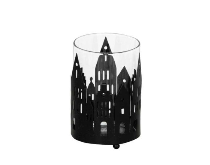 Metall Häuser schwarz klein mit Windlichtglas - Höhe 11 cm