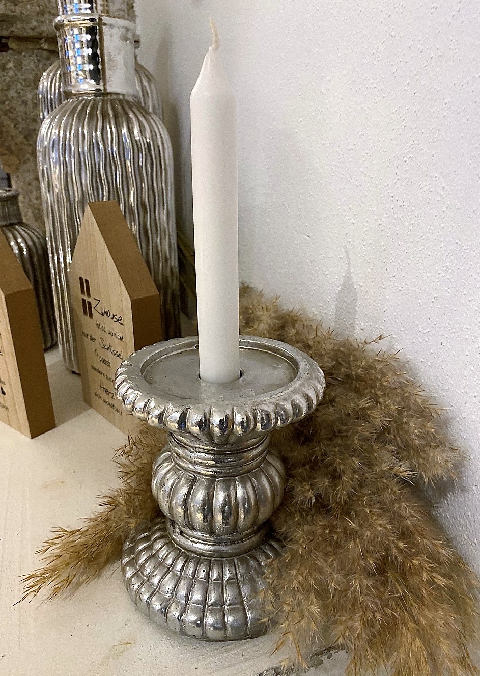 Kerzenleuchter Antik Silber für Stab/Stumpenkerzen - Höhe 13 cm