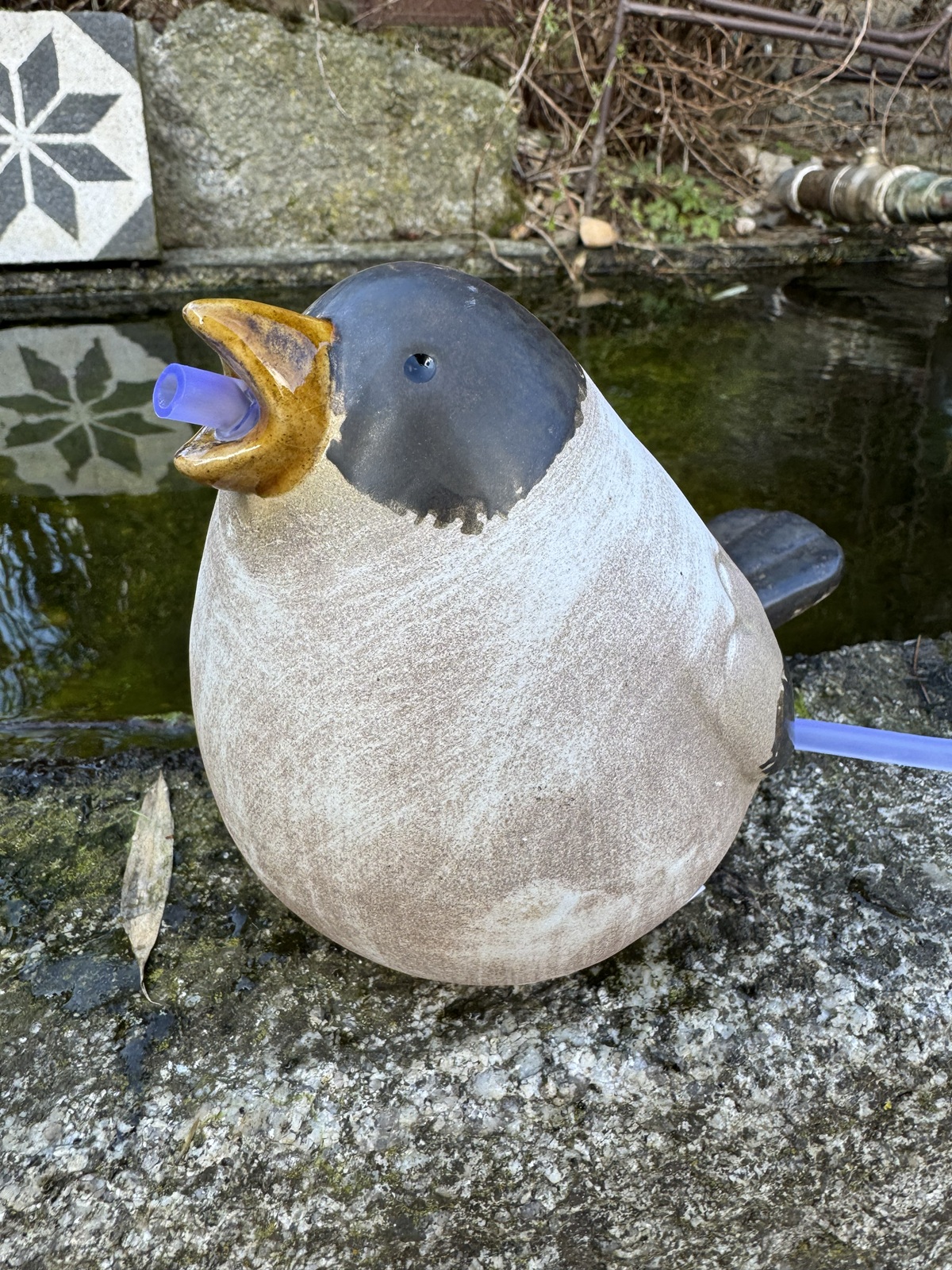 Steingut Wasserspeier Vogel Marta mit Pumpe - Höhe 13 cm