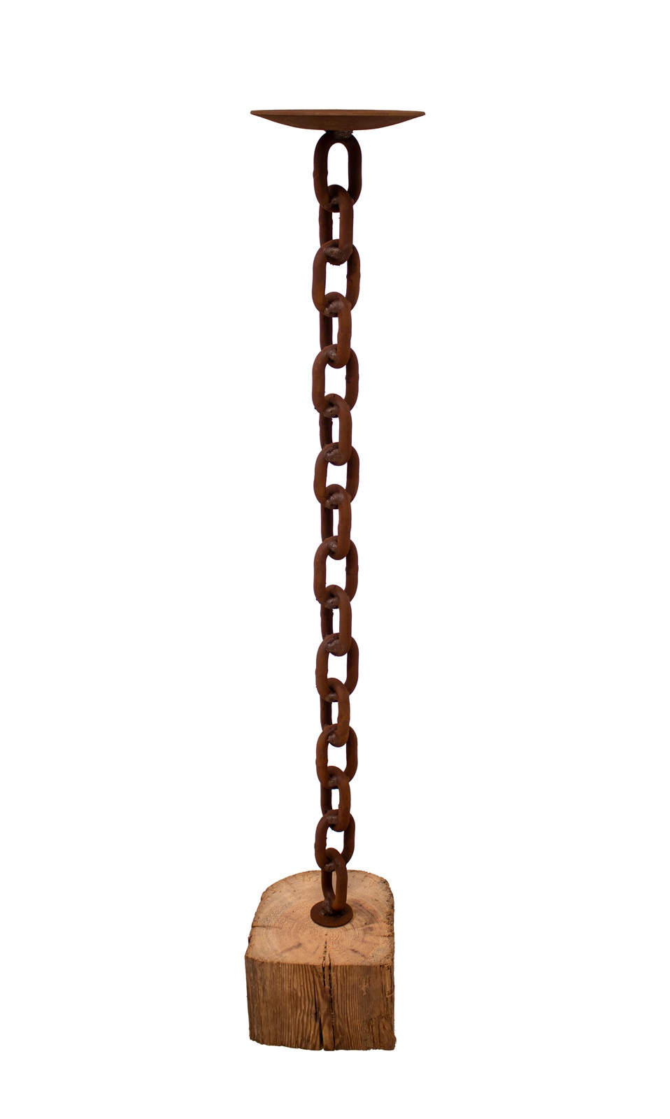 Edelrost Kerzenständer Rustikal groß mit Gliederkette auf Holzbalken - Höhe 100 cm