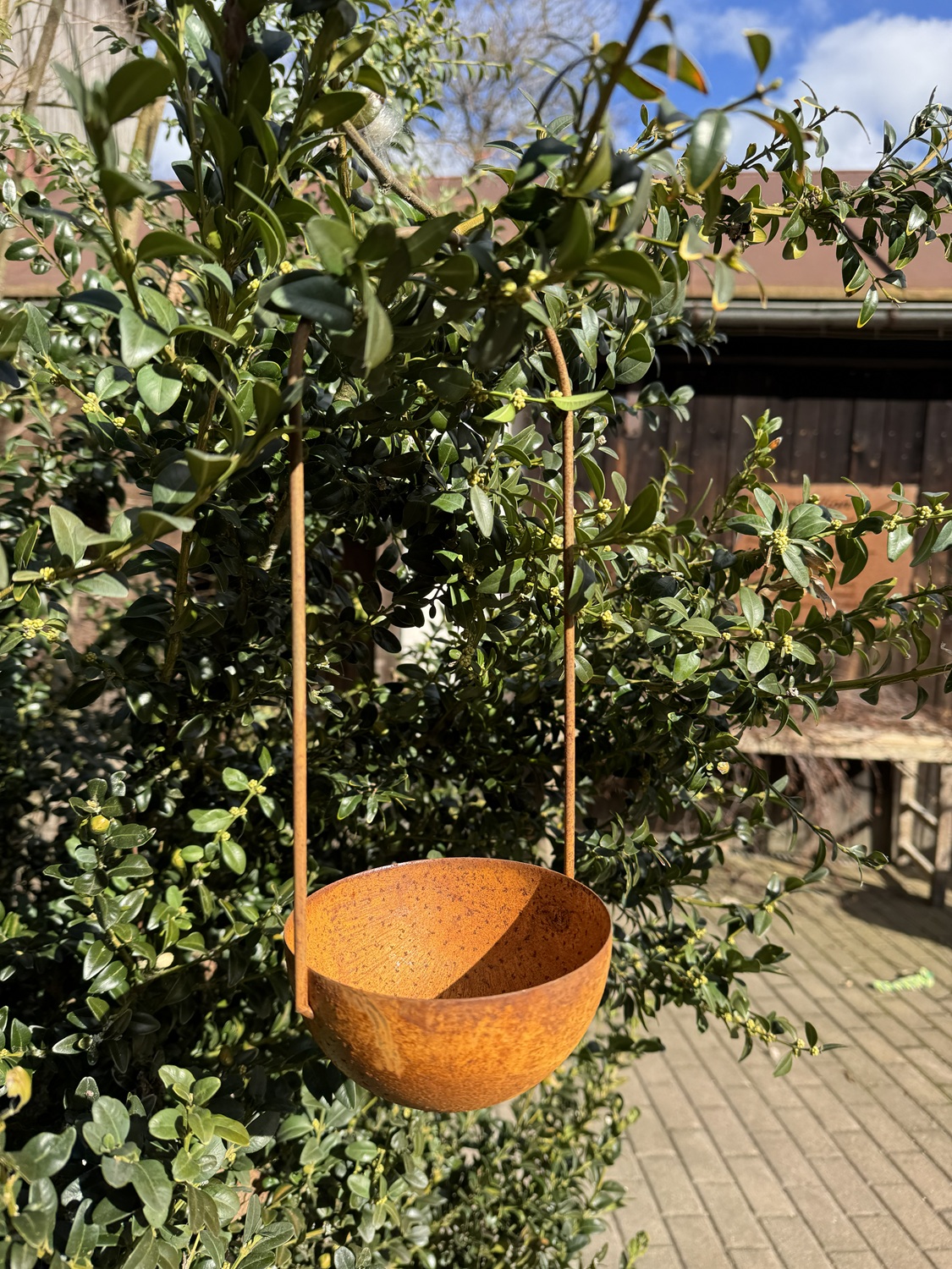 Edelrost Halbkugel Schale (26025) zum Hängen - Höhe 6 cm + 25 cm Gestell