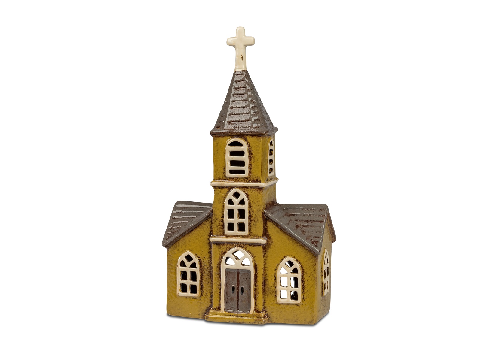 Keramik Windlicht Dorfkirche ockerfarben - Höhe 30 cm