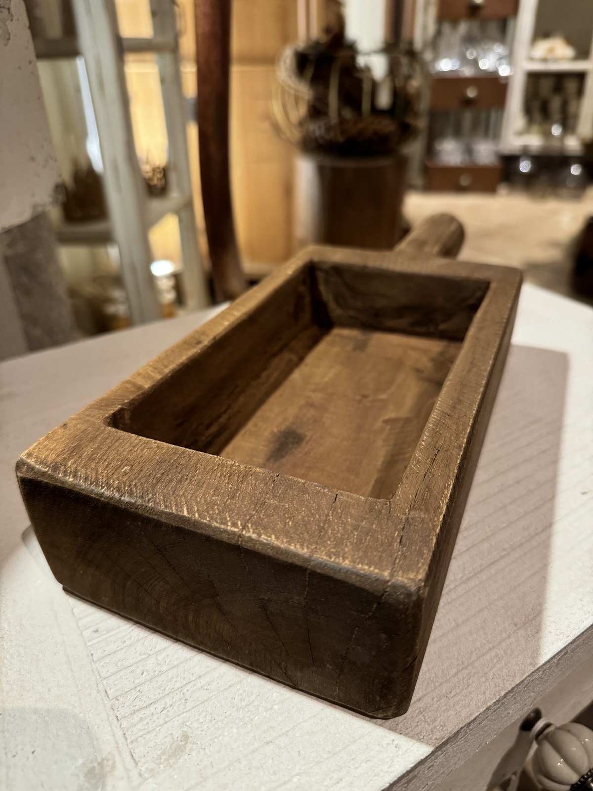 Teak Holz Schale eckige Form mit Griff  braun Antik (altes Holz) - Breite ca. 40 cm